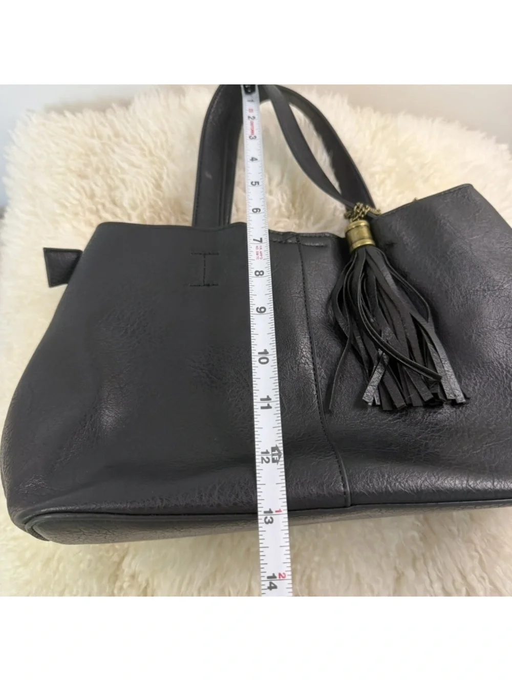 Black Faux Leather Tassel Tote Bag Convertible Crossbody Shoulder Purse